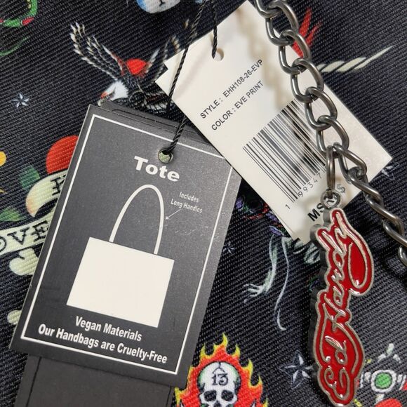 Ed Hardy Large Tote Zip Black Eve Print Chains Charms Logo Skull Heart Y2K NEW - Picture 4 of 9